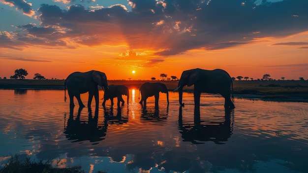 Photo group of elephants drinking water at sunset