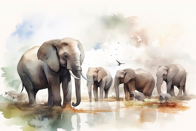 A group of elephants gathered around a watering hole watercolor painting beautiful natural forms crisp clean shapes colorful white background generate ai