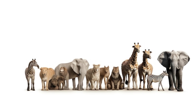 группа слонов и жирафов выстроена на белом фоне.