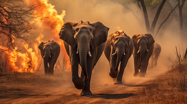 Группа слонов убегает от лесного пожара.