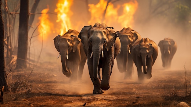 A group of elephants running to escape a forest fire
