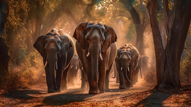 A group of elephants walk through a forest