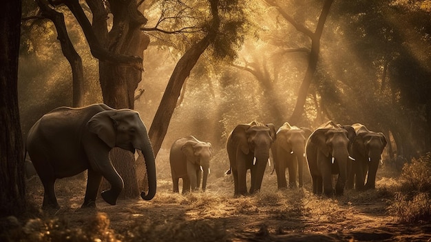 A group of elephants walk through a forest.