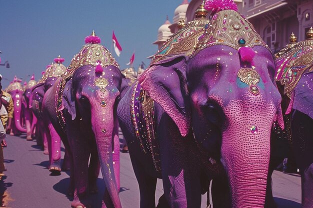 Photo a group of elephants walking down a street