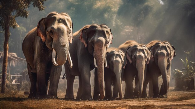 A group of elephants with their trunks and their trunks are standing in a line