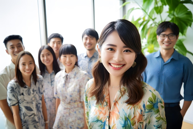 A group of employee wearing batik smile office background