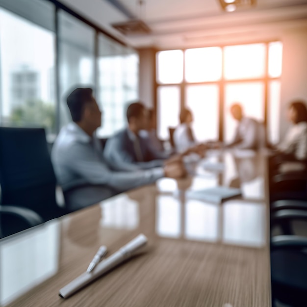 A group of employees are sitting in a meeting room through a blurred lens