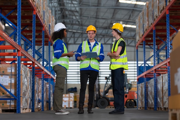 Group of employees in an auto parts warehouse Examine auto parts that are ready to be shipped