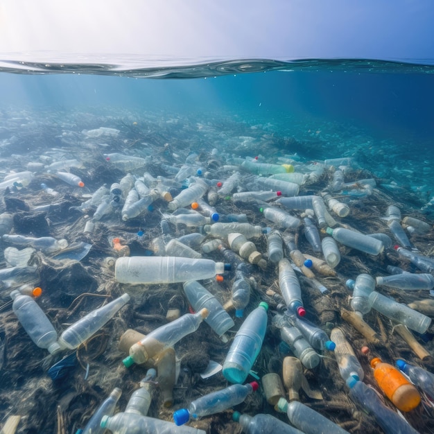 Foto un gruppo di bottiglie di plastica vuote e il fondo dell'oceano sono ricoperti di plastica.