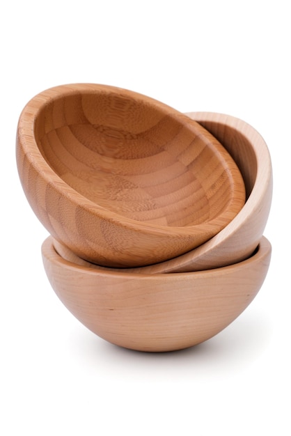 Group of empty wooden bowls