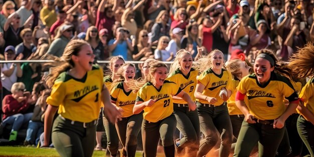 Foto un gruppo di giovani atleti energetici che giocano a softball in uno stadio soleggiato la lega dei bambini hanno appena vinto e lo stanno festeggiando