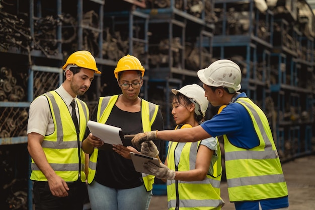 Group of engineer industry worker team working together help solving problem in metal factory