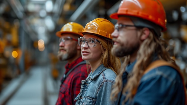 Group of engineer stands contemplatively overseeing operations of industrial facility generative ai