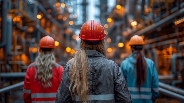 Group of engineer stands contemplatively overseeing operations of industrial facility generative ai