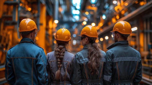 Group of engineer stands contemplatively overseeing operations of industrial facility generative ai