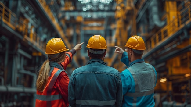 Group of engineer stands contemplatively overseeing operations of industrial facility generative ai