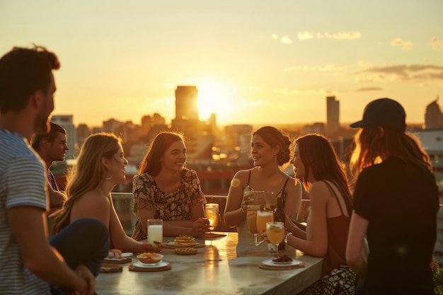 Group enjoying sunset rooftop party in hot weather Cityscape backdrop during a heatwave Summer