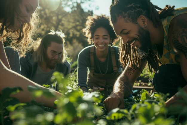 A group of entrepreneurs happily planting and tending to a community garden nurturing plants and enjoying the outdoors