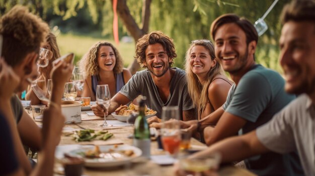 a group of European friends celebrating a gathering at a round table concept ai