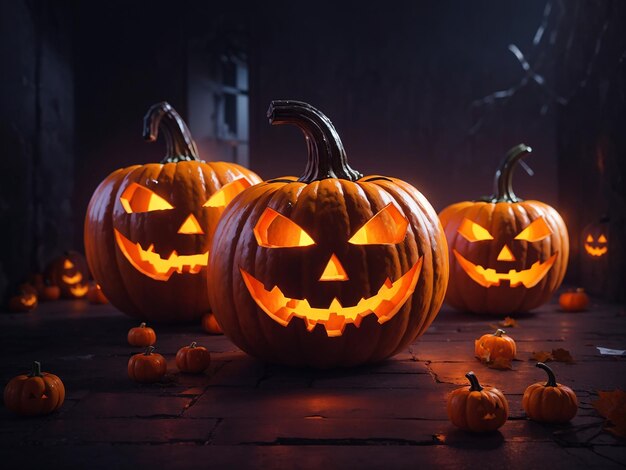 Photo group of evil halloween carved pumpkins