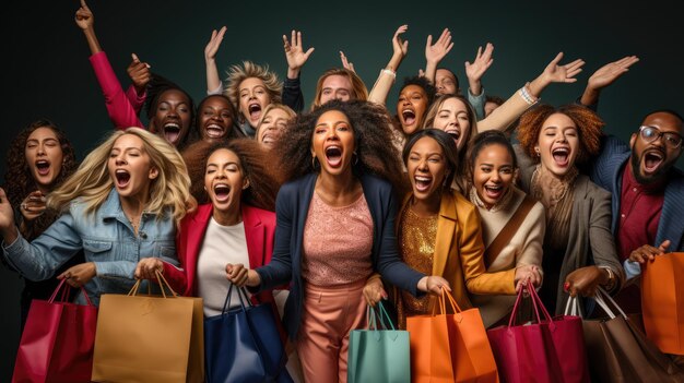 Photo a group of excited shoppers on black friday