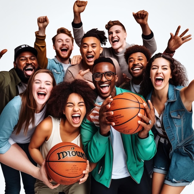 group of excited sports fans holding balls