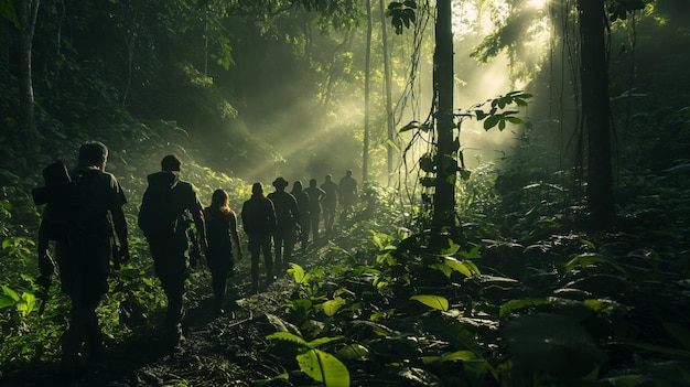 Photo group of experts preparing to embark on expedition deep into jungle in search of new mysteries and remains of ancient civilizations exciting atmosphere of suspense and anticipation