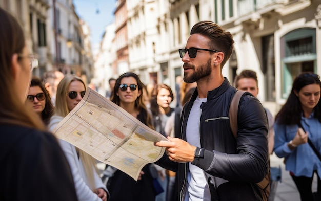 Foto guida turistica di esplorazione di gruppo con mappa