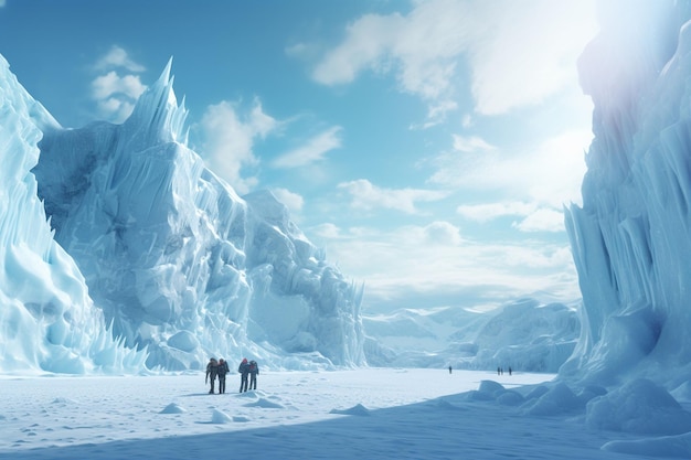 氷河を横断する探検家のグループ
