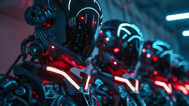 Photo a group of faceless cyborgs stand in a dark room their eyes glow red and blue