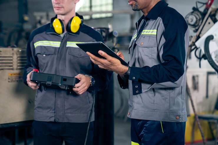Photo group of factory job workers using adept machine equipment in a workshop