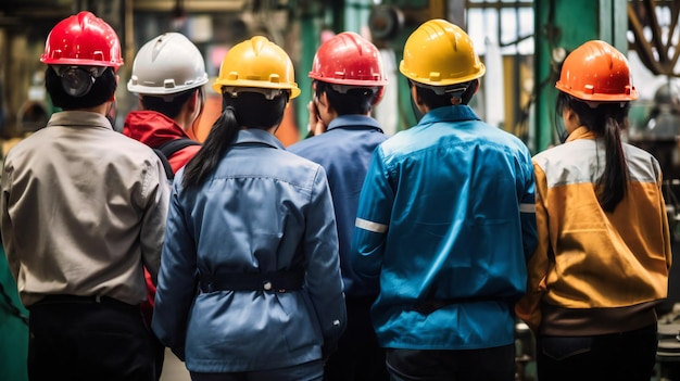 Группа заводских рабочих в касках внимательно наблюдает за сложным производственным процессом.