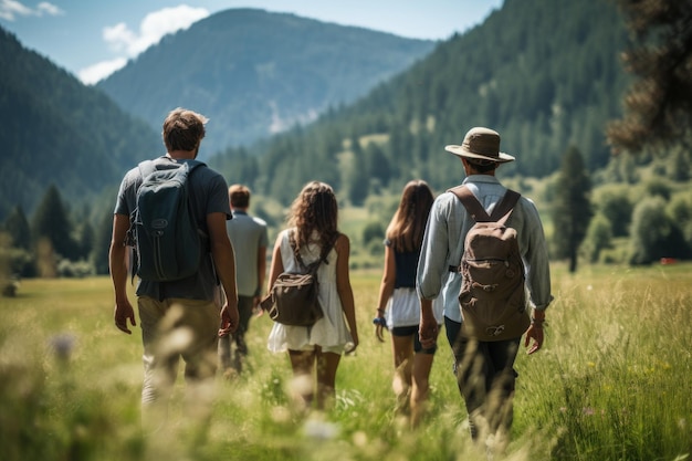 Group of family go hiking mountain together