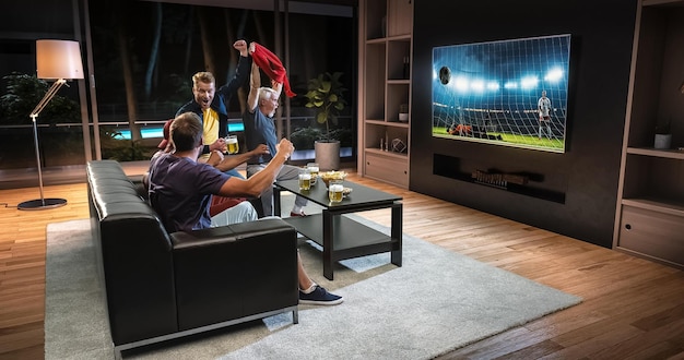 Group of fans are watching a soccer moment on the TV and celebrating a goal sitting on the couch in the living room The living room is made in 3D