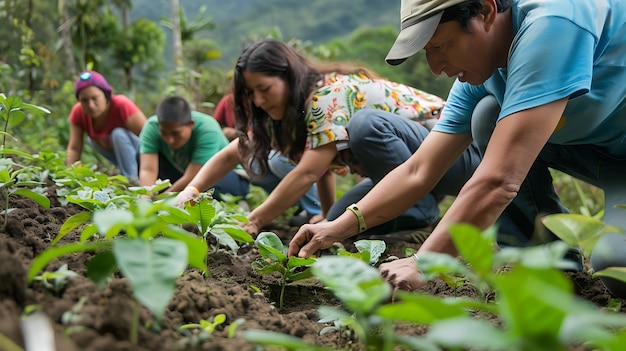 A group of farmers are planting seedlings in a field They are all wearing casual clothes and are working together to get the job done