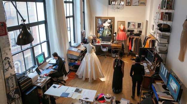 A group of fashion designers working in a studio They are all wearing casual clothes and are surrounded by mannequins fabric and sewing machines