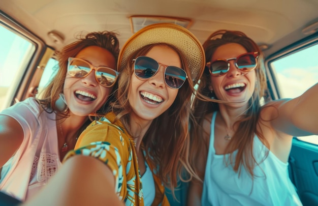 Photo a group of female friends having fun on a road trip summer adventure