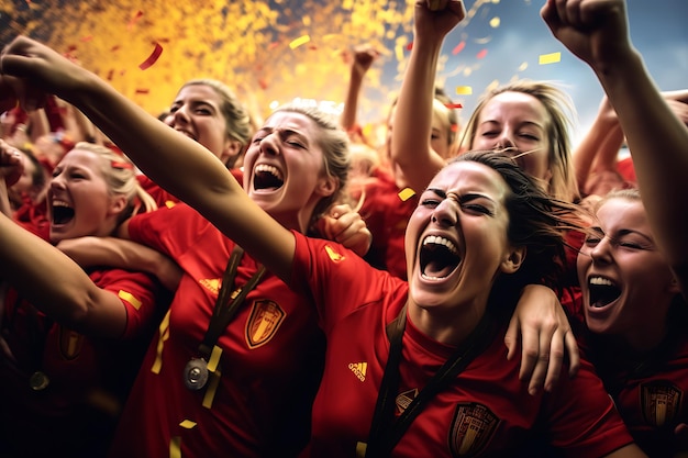 a group of female soccer players celebrating with confetti in the background women football concept