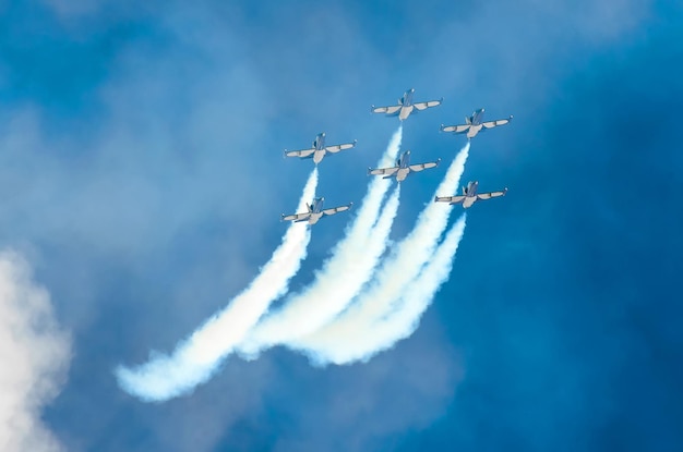 Group of fighter jet planes fly and leave behind a white smoke trail