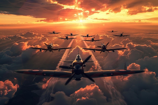 a group of fighter jets are flying in formation with the sun behind them