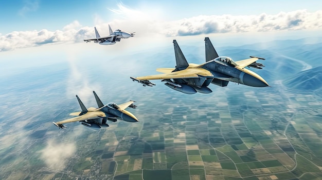 A group of fighter jets fly in formation with the sky in the background.