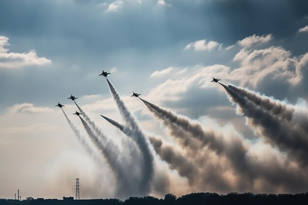 Photo a group of fighter jets fly in formation with smoke