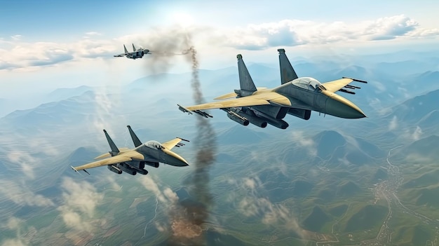 戦闘機のグループが煙を吐きながら空を飛んでいます。