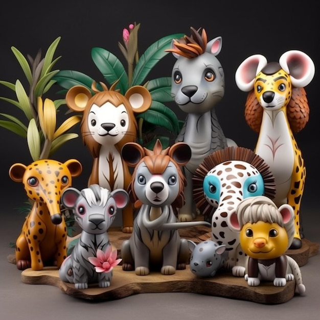 A group of figurines of animals are on a dark background.