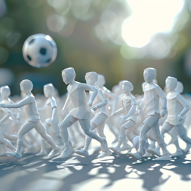 a group of figurines with one being kicked by a soccer ball