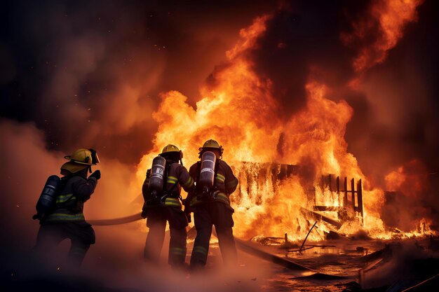 Group of firefighters battling blazing fire