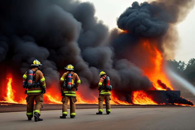 Group of firefighters fighting a fire They are