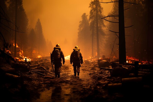 Group of firefighters in the middle of a burning forest