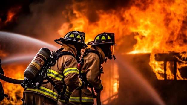 Photo a group of firefighters standing in front of a fire