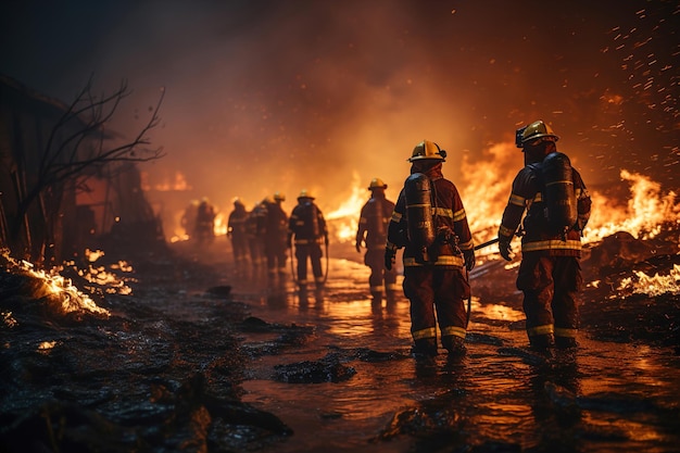火の前に立つ消防士のグループ